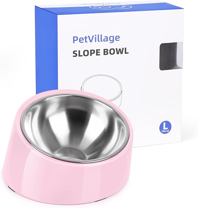 Tilted Dog Bowl Non-Slip & Non-Spill Pet Feeder with Elevated Detachable Melamine Stand, Easy to Get Food Dog Dish, L/300ml Pink