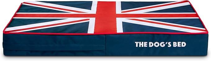 The Dog’s Bed Orthopedic Memory Foam Dog Bed for Medium Dogs, Waterproof Washable Cover, Anti-Slip Base, Calming Surface – CertiPUR-Certified Foam, Blue & Red Trim UK Center Flag, 4 Inch Thick
