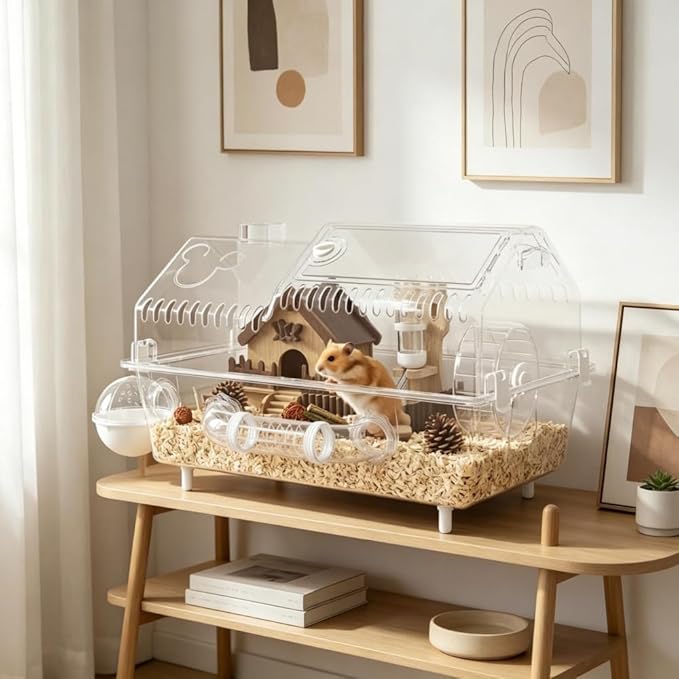 Clear Acrylic Hamster Cage, Villa-Style with Natural Wood Accessories, 8-in-1 Setup, 21.5" x 11.8" x 12.6
