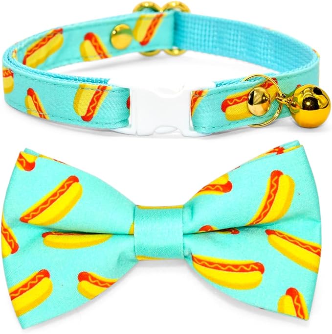 Hot Dog Cat Collar Bow Tie, Blue Cat Collar, Breakaway Safety Collars, Wedding/Birthday Cat Accessories, Adjustable Bowtie, Removable Jingle Bell