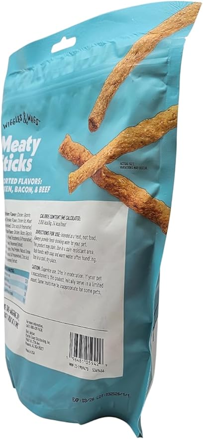 Wiggles & Wags Meaty Sticks Assorted Chicken, Bacon and Beef Flavor Dog Treats, 1 Pound Bag