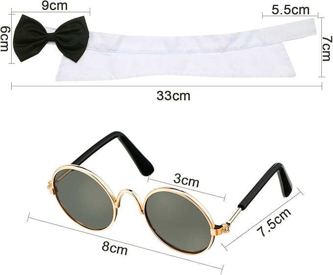 2 Pieces Pets Dog Cat Bowtie Tie Sunglasses Pets Costume Adjustable Formal Necktie Collar for Cats Small Dogs Puppy Round Metal Classic Retro Sunglasses Grooming Accessories Cosplay Party(Black White)