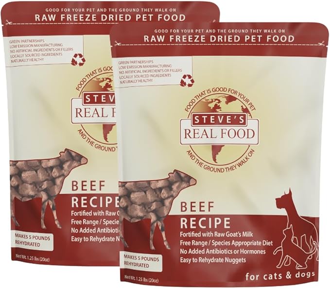 Steve's Real Food Freeze-Dried Raw Nuggets 2-Pack - Beef Recipe - Raw Pet Food for Dogs and Cats - 20 oz in Each Bag
