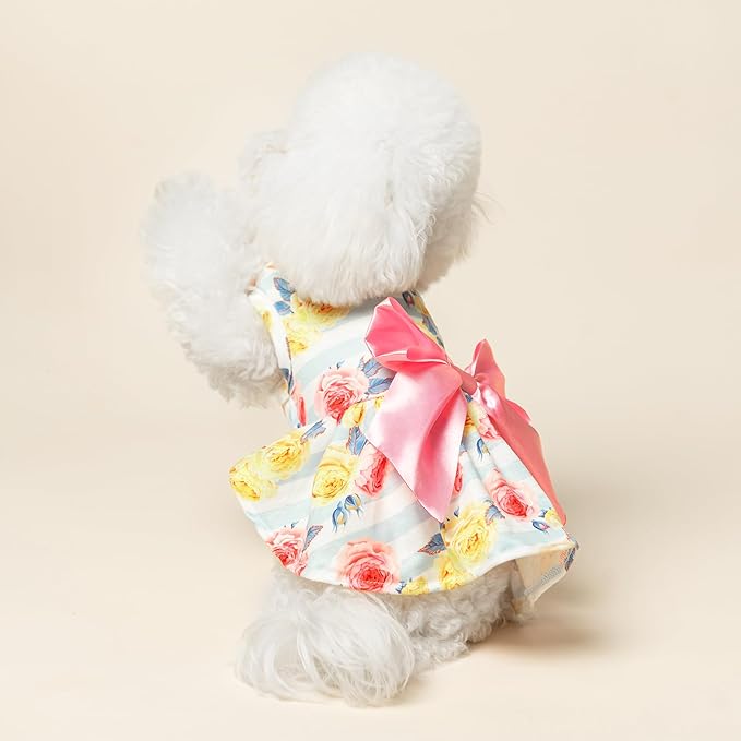 PUPTECK Floral Dog Dress for Spring Outfit Puppy Cute Small Dogs Clothes,Stripe,XS