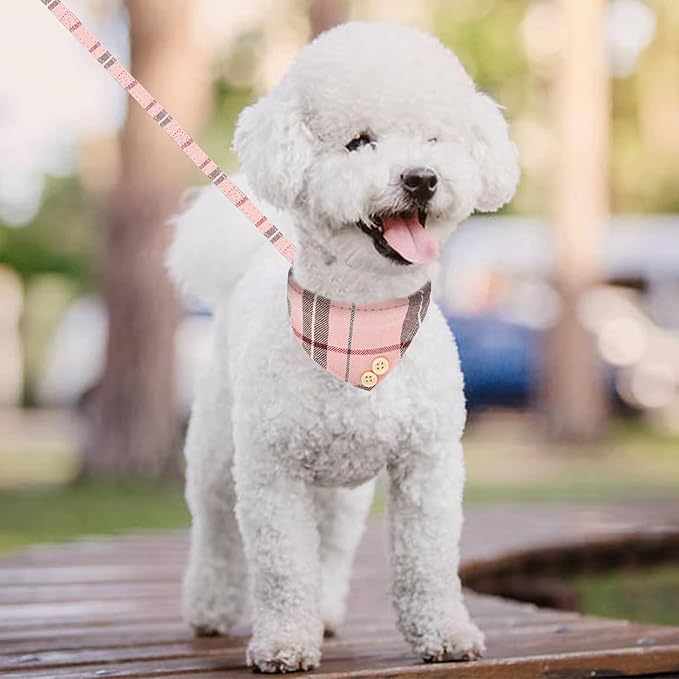 KOOLTAIL Pink Girl Dog Collar and Leash Set for Small Dogs with Bowtie and Bells - Cute Puppy Bandana Collar and Leash with Classic Plaid Pattern, Soft Leather Tangle Free Leashes for Small Dogs, S