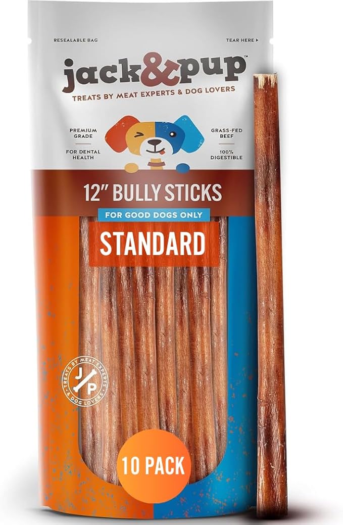 Jack&Pup 12 Inch Bully Sticks for Medium and Large Dogs (10 Pack) Standard Thickness, Dog Chew, Single Ingredient Bully Stick