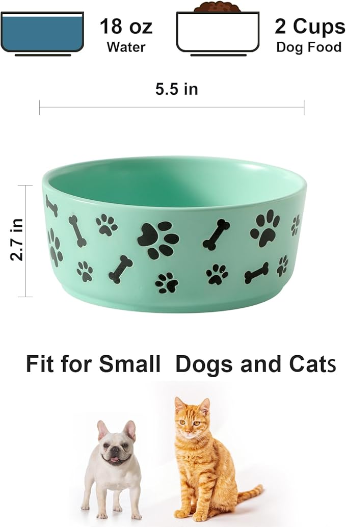 UBEE Ceramic Dog Bowl Set of 2, 5.5 inch Dog Food Bowl Dish with Bone Paw Pattern, Pet Food Water Dish Feeding Plates for Small Dogs, Puppy and Cat, Green