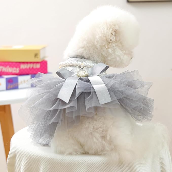 ANIAC Gray Dog Dress for Small Dogs Female,Bow Knot Girl Puppy Clothes with Detachable Pearl Necklace, Elegant Cat Dress, Formal Pet Pary Outfit for Wedding Birthday Valentines (Gray, X-Large)