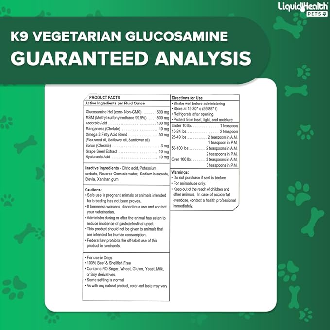 LIQUIDHEALTH Pets K9 Vegetarian Liquid Glucosamine Juice for All Dogs Canines with Chondroitin, MSM, Omega 3, Antioxidants, Hyaluronic Acid - Dog Vitamin Oil for Hip & Joint Health - USA Made (2 Pack)