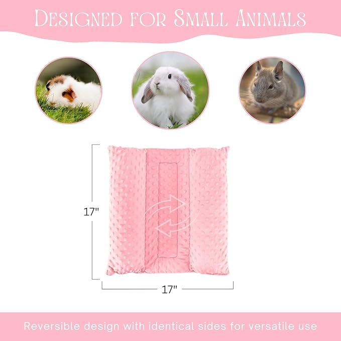 Rabbit Bed, Soft Dot Fleece Bunny Mat, 17x17In Small Animal Pillow for Guinea Pig, Reversible, Washable Pet Cushion Pastel Pink