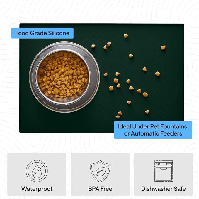 GORILLA GRIP 100% Waterproof Raised Edge BPA Free Silicone Pet Feeding Mat, Dog Cat Food Mats Contain Spills Protects Floors, Placemats for Cats and Dogs Water Bowl, Pets Accessories 16x10, Green