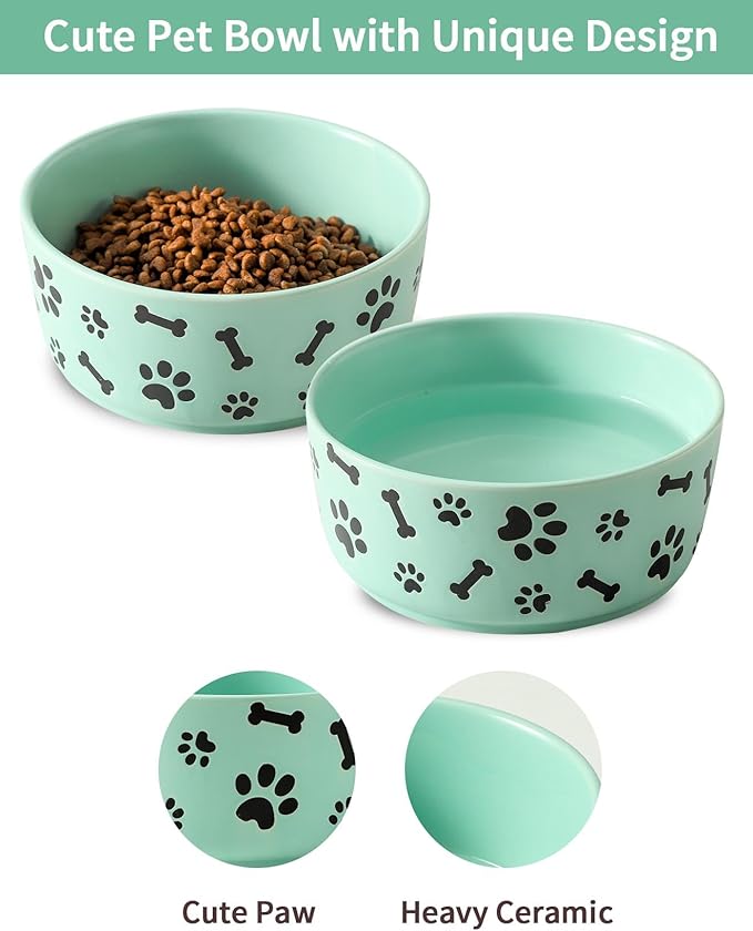 UBEE Ceramic Dog Bowl Set of 2, 5.5 inch Dog Food Bowl Dish with Bone Paw Pattern, Pet Food Water Dish Feeding Plates for Small Dogs, Puppy and Cat, Green