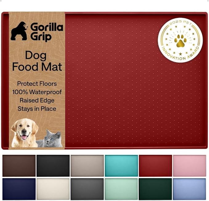 GORILLA GRIP 100% Waterproof Raised Edge BPA Free Silicone Pet Feeding Mat, Dog Cat Food Mats Contain Spills Protects Floors, Placemats for Cats and Dogs Water Bowl, Pets Accessories 23x15 Red