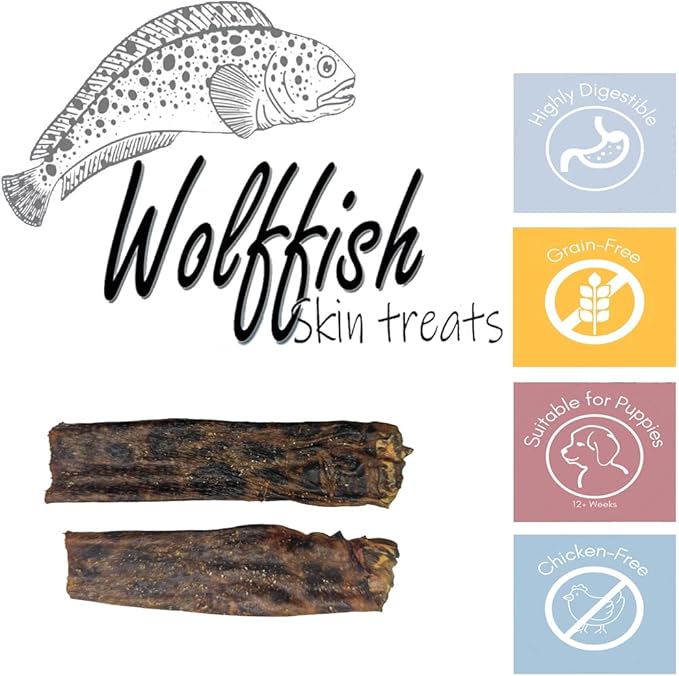 Wolffish Skin Treats for Dogs (2 Fish Sticks 6-in Each) Hand Wrapped w/Single Ingredient Super Tasty Dog Chews