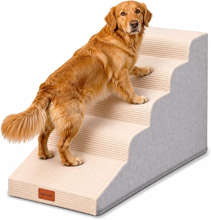 Dog Stairs for Small Dogs and Cats, 22.6" H, 5-Step Curved Pet Ramp for High Bed, Non-Slip Medium Pet Steps with High Density Foam, Beige