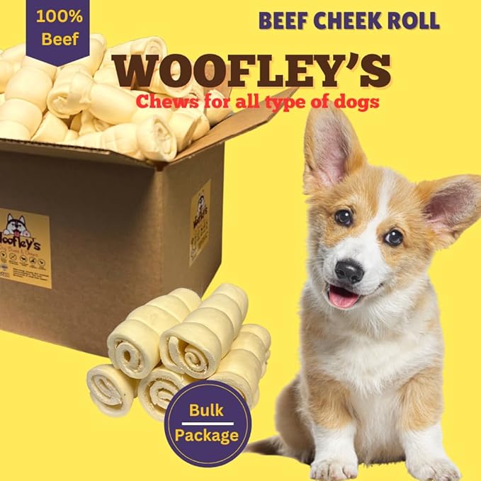 Woofley's 6 inches Buffalo Beef Cheek Roll -(50 Count)- Beef Cheek Rolls for Dogs - Long Lasting Natural Dog Chews