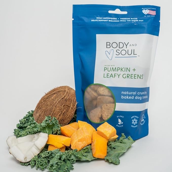 Body and Soul Pumpkin + Leafy Greens Crunchy Premium Training Dog Treat Superfood Oven Baked Biscuits Oats Barley & Quinoa - Clean Natural Plant Protein, No Additives No Fillers Made in USA 2Pk (20oz)
