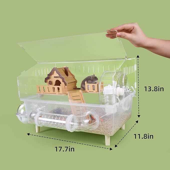 Clear Acrylic Hamster Cage, Dwarf Hamster Cage, Mouse Cage, Gerbil Cage - All-in-One Hamster Habitat with 18cm Silent Wheel, Tubes & Full Kit, 17.7×11.8×13.8" for Dwarf Hamsters, Mice, Gerbils