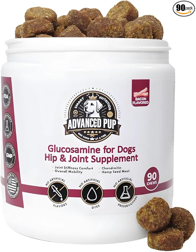 AdvancedPUP Dog Hip and Joint Supplement Chews – Glucosamine, Chondroitin, MSM & Turmeric – Mobility & Joint Support for Dogs – Bacon Flavor Soft Chews – 90 Count – Made in USA
