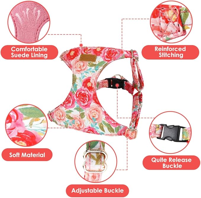 SlowTon Dog Harness Small Sized Dog - Soft XXS Dog Harness and Leash Set No Pull No Chock, Adjustable Lightweight Puppy Harness for XS Small Medium Dogs Cats (Pink Rose, M)