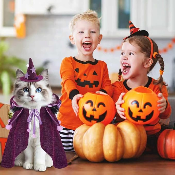 JOICEE Halloween Cat Costumes, Small Funny Purple Halloween Cat Wizard Cape Adjustable Pet Wizard Cloak for Little Dogs Cats Puppy Cosplay Party