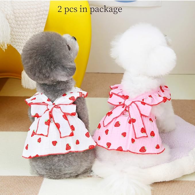 2 Pack Strawberry Dog Dresses with D-Ring Summer Puppy Clothes for Small Dog Girl Spring Cat Outfit Cotton Sleeveless Pet Dress for Kitten Chihuahua Pomeranian Yorkie (Pink White, X-Small)