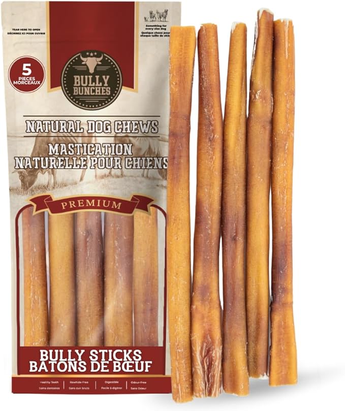 Bully Bunches Premium 12 Inch Standard Odor Free Bully Sticks for Small & Medium Dogs - Consistently Sized, Long Lasting Chews for Oral Care - All Natural Beef Dog Treats, (5 Pk)