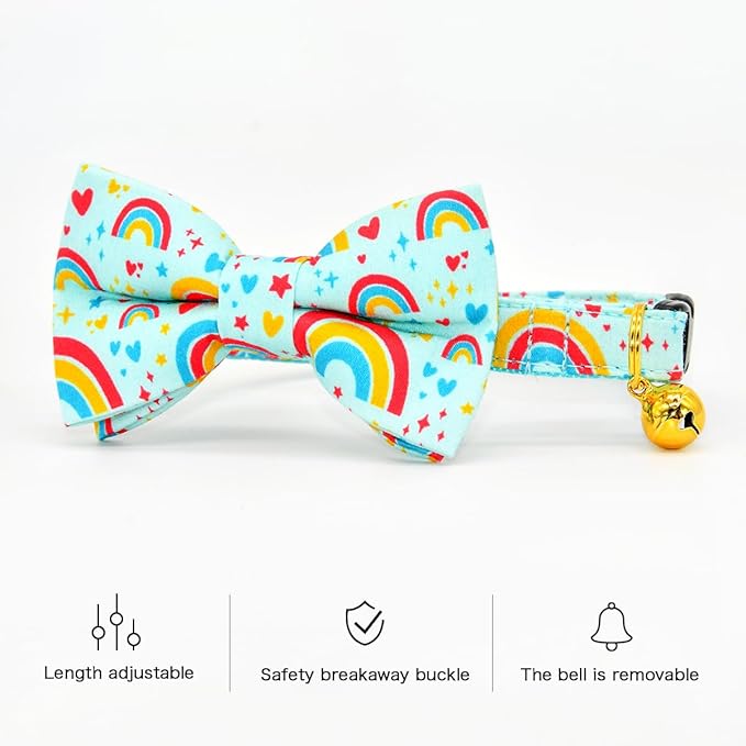 RainbowCat Collar Bow Set, Wedding/Birthday Breakaway Collar Bowtie for Kitten/Cat