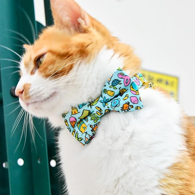 Cat Collar Bow Set, Blue Summer Holiday, Wedding/Birthday Breakaway Collar Bowtie for Kitten/Cat