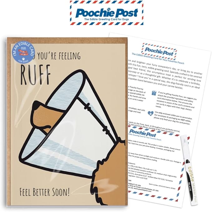 Poochie Post Edible Greeting Card for Dogs, Bacon-Flavored Dog Treat Gift with Edible Ink Pen, "Feeling Ruff" Design, Gluten & Grain Free, Made in USA