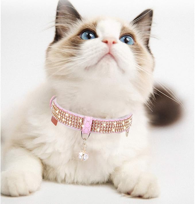 PetsHome Cat Collar, Dog Collar, [Bling Rhinestones] Premium PU Leather with Pendant Adjustable Collars for Cat and Small Dog Extra Small Pink
