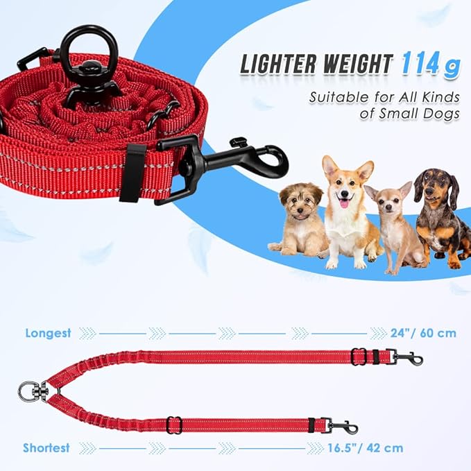 AUTOWT Double Dog Leash, No Tangle 360° Swivel Rotation Reflective Lead Attachment Adjustable Length Dual Two Dog Lead Splitter, Comfortable Shock Absorbing Walking Training for 2 Dogs Red