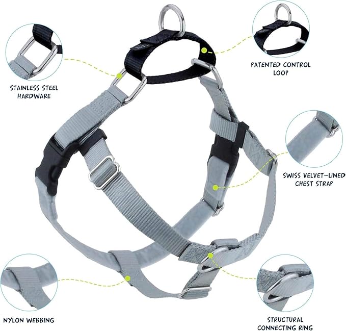 2 Hounds Design Freedom No Pull Dog Harness, Adjustable Harness, Easy Walking & Comfortable Control, Fits Small, Medium & Large Dogs, Solid Colors, Made in USA, 1" XL, Silver