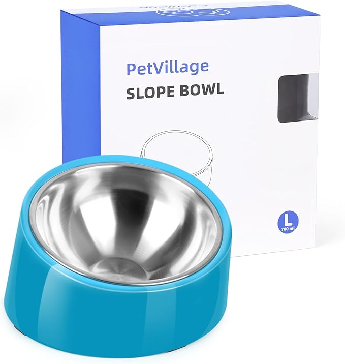 Tilted Dog Bowl Non-Slip & Non-Spill Pet Feeder with Elevated Detachable Melamine Stand, Easy to Get Food Dog Dish, L/300ml Blue
