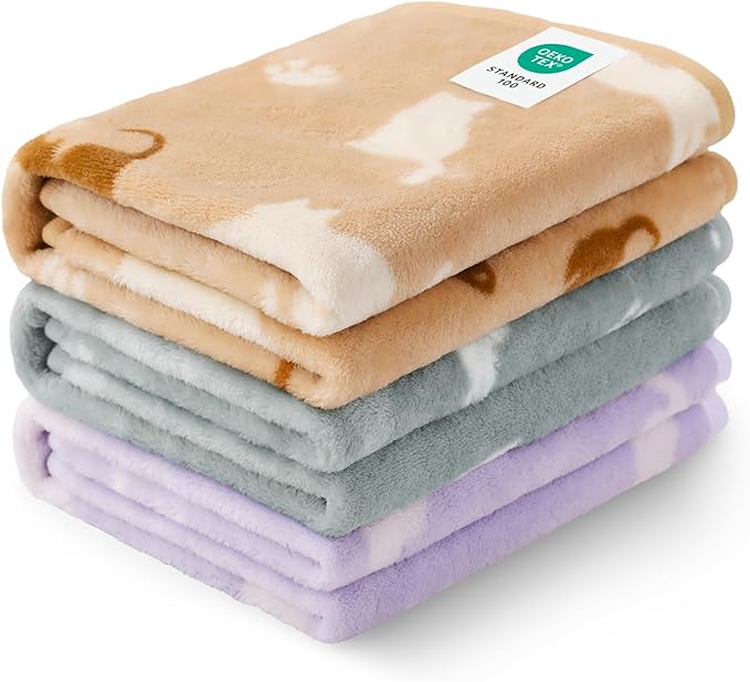 Luciphia 1 Pack 3 Cat Printed Fleece Pet Blankets Washable，Soft Warm Throw Covers for Crate Couch Bed，Cozy Puppy Essentials for Dogs and Cats，Purple/Grey/Khaki, Small (23x16 inch)
