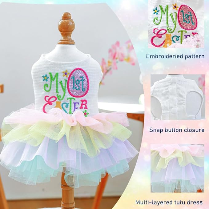 ANIAC Happy 1st Easter Dog Dress Girl Holiday Puppy Clothes for Small Dog Easter Cat Outfit Eggs Print Rainbow Doggy Princess Tutu Dress Pet Clothing (X-Large)