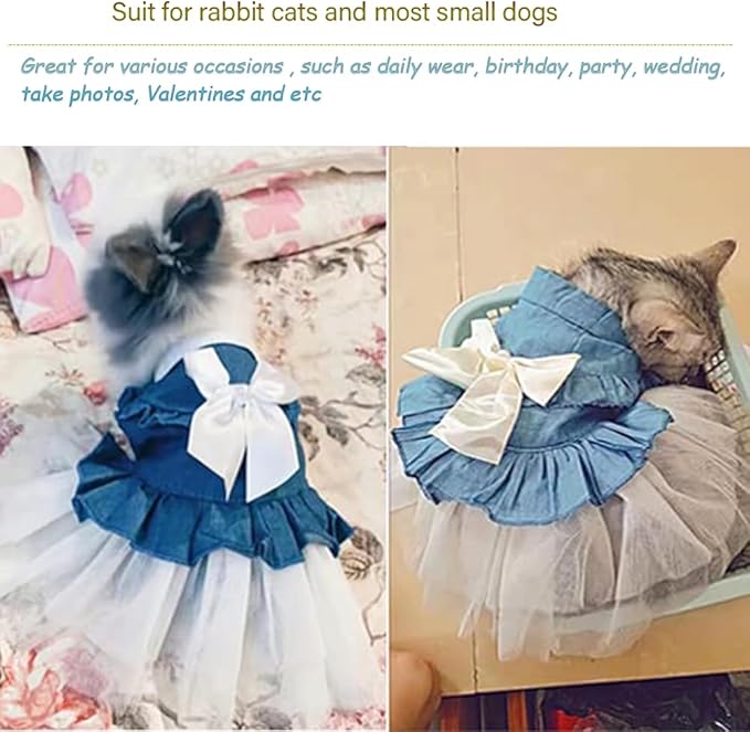 ANIAC Blue Denim Dog Dresses for Small Dog Girl Spring Summer Puppy Clothes Fancy Dress for Dogs Cat White Lace Pet Tutu Outfit for Birthday Wedding Valentine(Large)