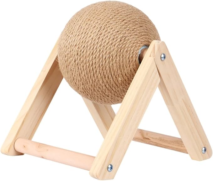 Rabbit Scratcher Toy with Rotating Sisal Ball, Solid Wood Support & Play Base for Small Pets