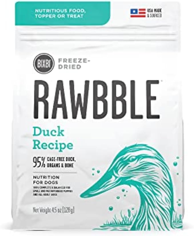 BIXBI Liberty Freeze-Dried Dog Food Topper & Treats, Duck – 95% Meat & Organs, No Refrigeration – USA Made, 4.5 oz