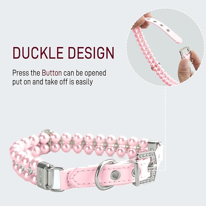 KUDES Small Dog Cat Big Pearl Collars with Crystal Rhinestone Diamond Décor, Adjustable Cute Fashion Pet PU Leather Necklace for Wedding Birthday Party (Pink, S(9''-11.5'') for Cats and Puppies)