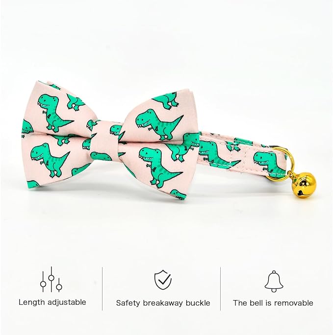 Cat Collar Bow Set, Green Dinosaur Pink Background, Wedding/Birthday Breakaway Collar Bowtie for Kitten/Cat