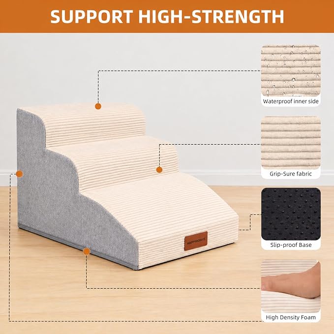 Dog Stairs for Small Dogs and Cats, 15.7" H, 3-Step Curved Pet Ramp for Couch Sofa and Chair, Non-Slip Medium Pet Steps with High Density Foam, Beige
