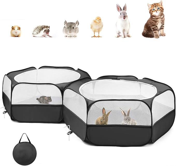 Pawaboo Small Animals Playpen, Portable Chicken Coop Run Large Chick Brooder with Zipper Splicing, Pop Up Pet Enclosure Cat Tent for Guinea Pig Bunny Puppy Indoor Outdoor, Black