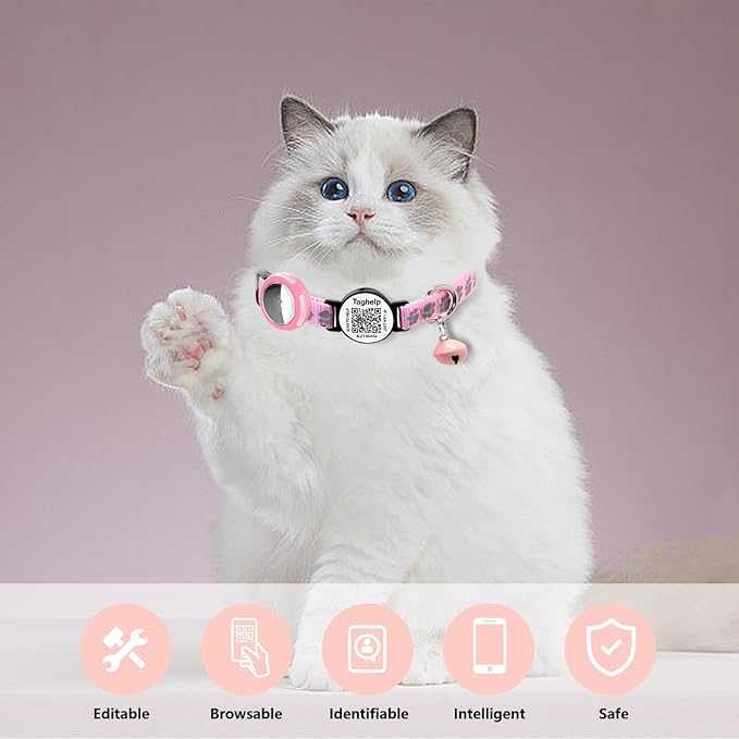 3 Pack Paw Print Cat Collars - Breakaway Safety Collar with Waterproof Apple AirTag Holder, Adjustable Kitten Collar Set - Ideal Pet Supplies & Gifts, No App (Black, Blue, Pink)