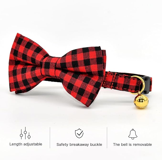 Red Black Buffalo Plaid Cat Breakaway Collar Bow Tie with Bell, Wedding/Birthday Cat Accessories