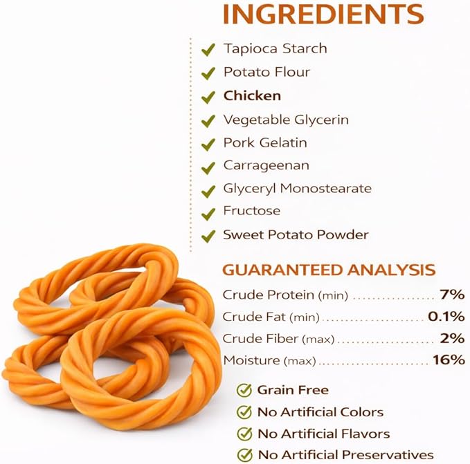 No Rawhide Puppy Teething Rings – Highly Digestible Rawhide Alternative Chews (8 Rings, Pumpkin & Sweet Potato)