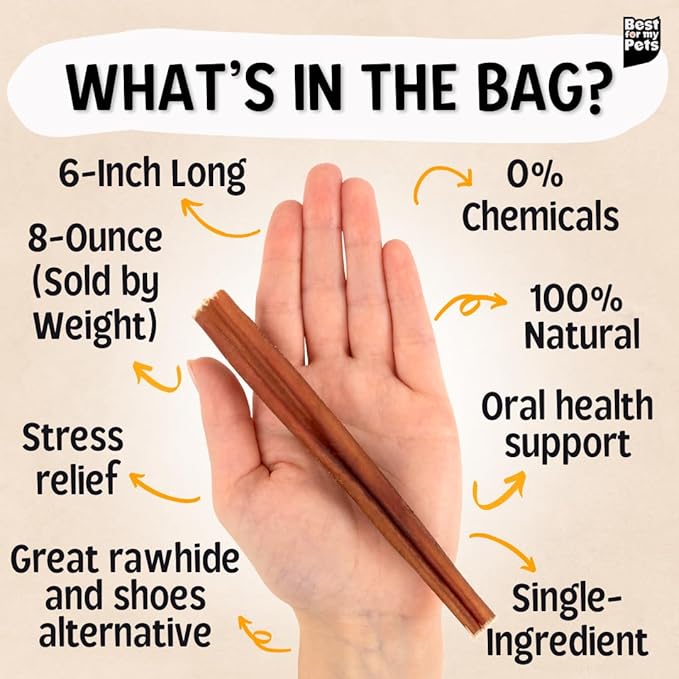 Best For My Pets 6‑Inch Odor‑Free Beef Bully Sticks, 8 oz Bag - Single‑Ingredient, Long‑Lasting Natural Dental Dog Chews, USA‑Inspected Rawhide Alternative