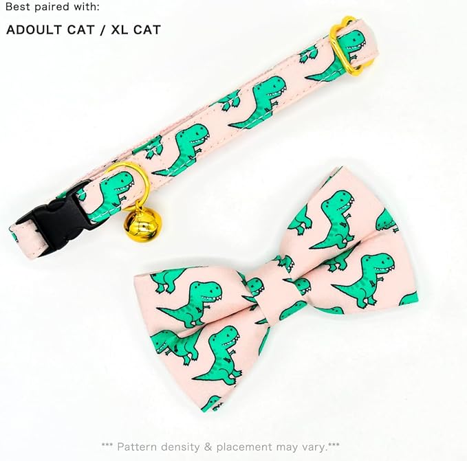 Cat Collar Bow Set, Green Dinosaur Pink Background, Wedding/Birthday Breakaway Collar Bowtie for Kitten/Cat