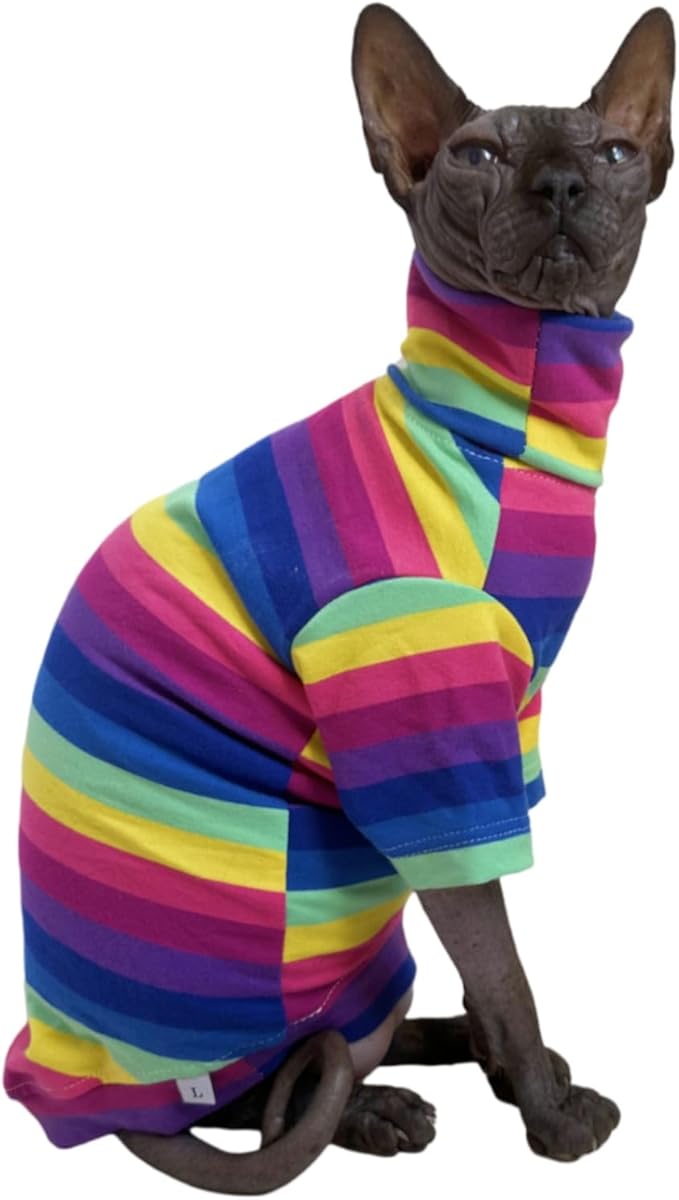 Vintage Stripes Sphynx Hairless Cats Shirt Cotton Cat Turtleneck Pet Clothes Kitten T-Shirts with Sleeves for Sphynx Cornish Rex, Devon Rex, Peterbald (Rainbow Stripe, S (3.3-4.4 lbs))
