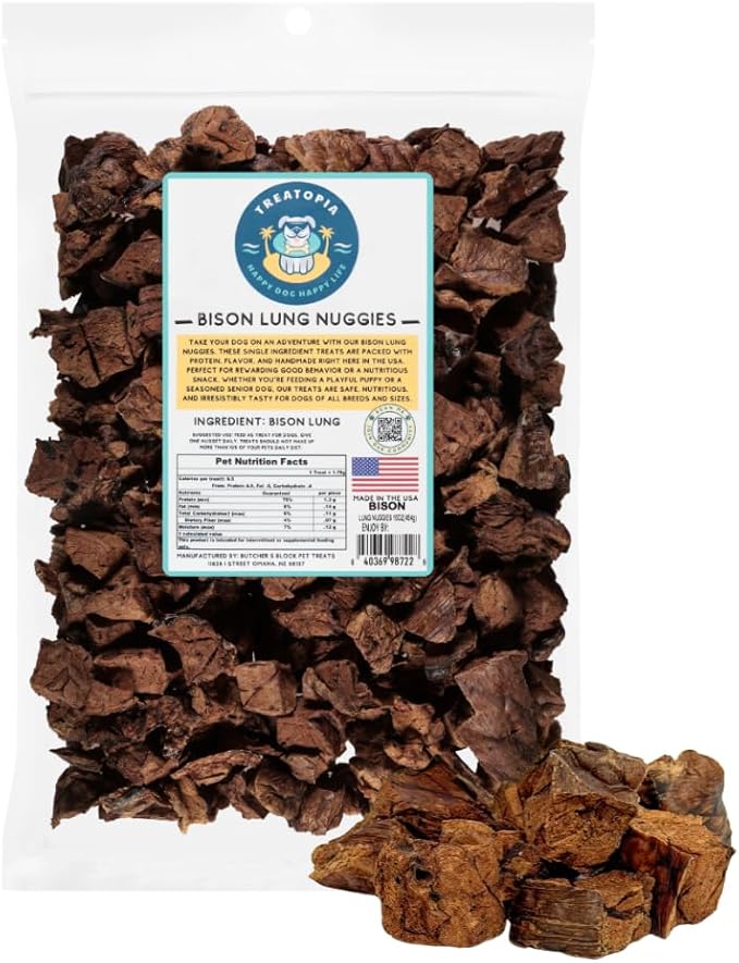 TREATOPIA Bison Lung Nuggies Bites Dog Treats, 8 Ounce Bag - All-Natural, Sustainable, Healthy, Premium High Protein, Hand-Trimmed, Slow-Roasted, Made in The USA, Nutritious, No Additives, No Fillers